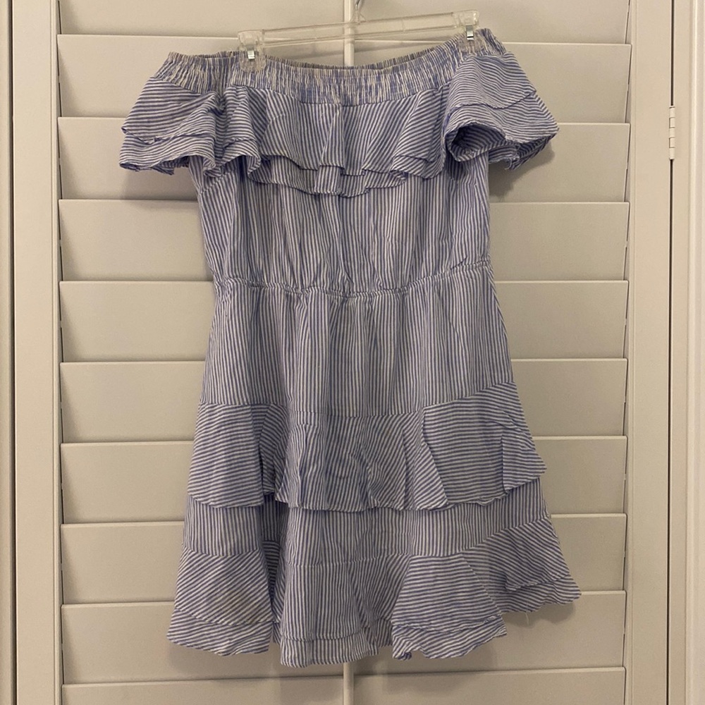 Blue & White Striped Strapless Dress
